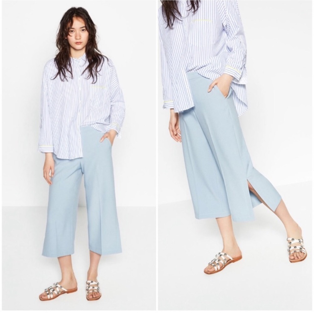 NWT ZARA Sky Baby Blue Culottes Ankle Wide Leg Pants with Slits Cut out Dress